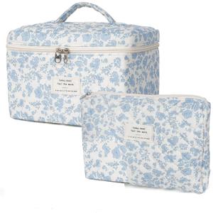 Makeup Bag, Quilted Cosmetic Bag, Large Floral Make Up Bag for Women, Makeup Bag Set, Flower Travel Toiletry Bag (Color 02)