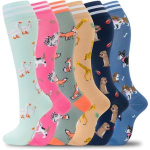 fenglaoda Compression Socks Women Men 6 Pairs, Knee High Best Support Circulation Socks for Running, Travel, Flight, Nurse (Small-Medium, 01-6pairs-ducks/Cat/Fox/giraffes/groundhog/Dog)