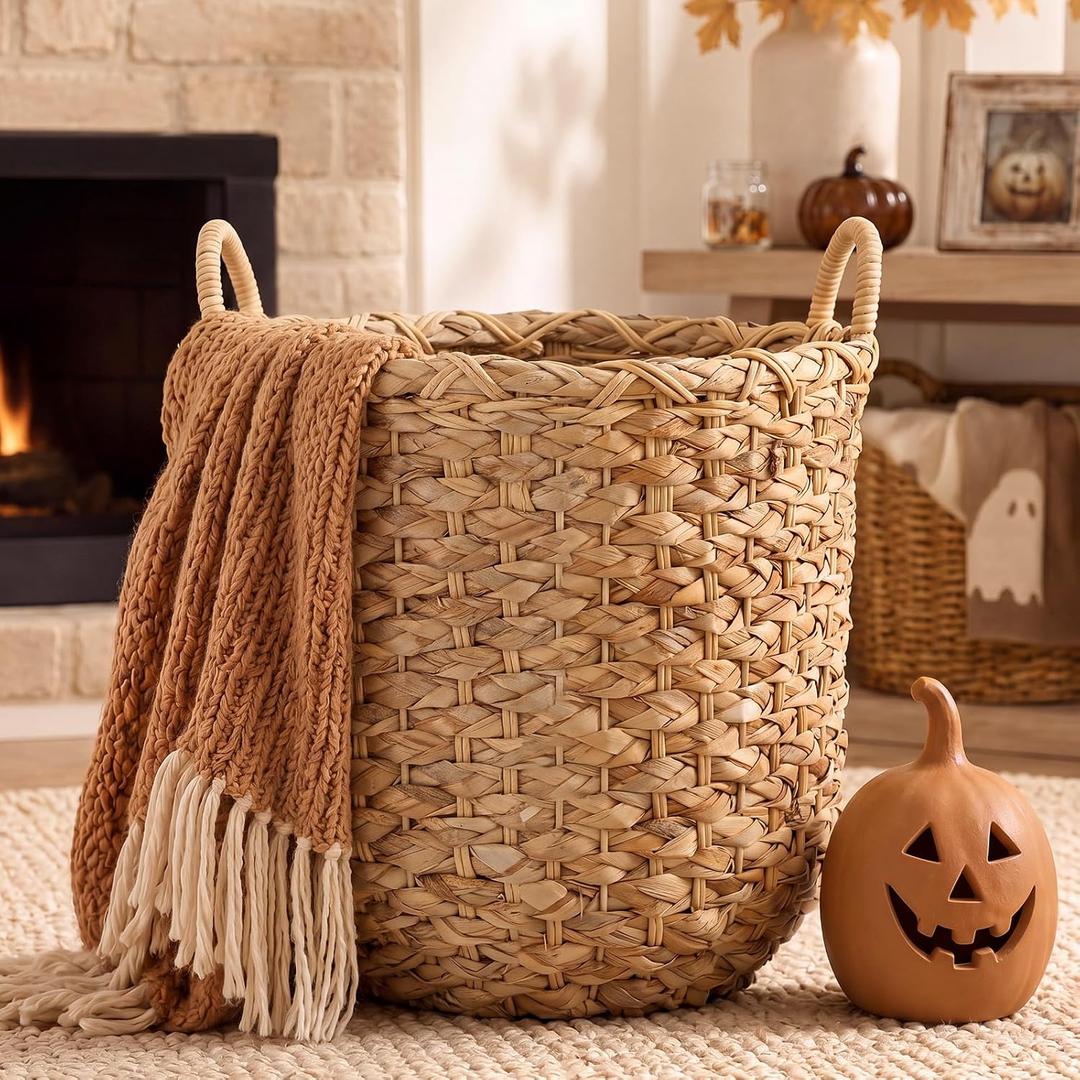 Newtay 1 Pcs Water Hyacinth Wicker Storage Basket 14 x 12 Inch | Handles Round, Boho Woven Blanket Basket, Laundry Pillows, Plants Natural, Farmhouse Bedroom Living Room Decor