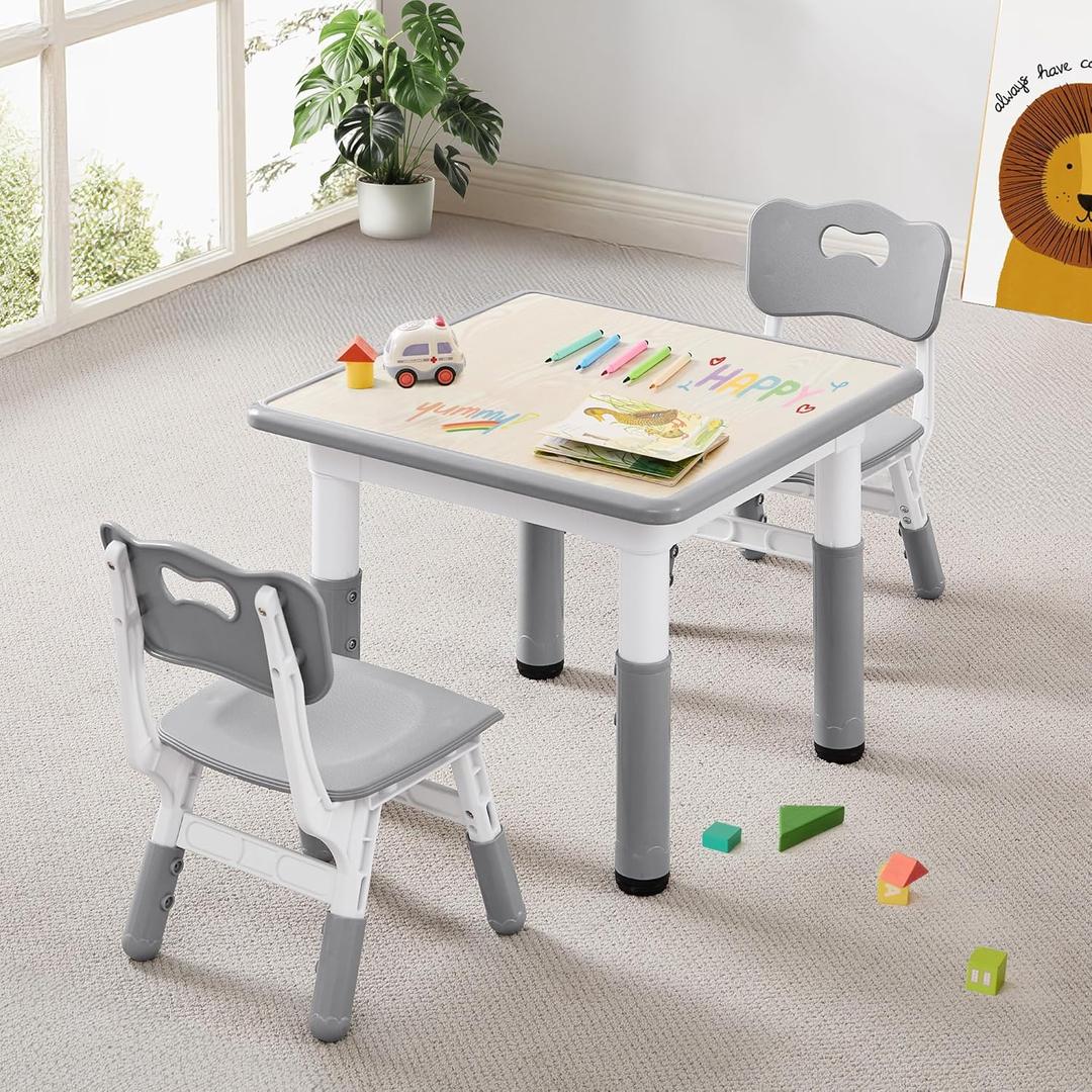 Kids Table & Chairs Set (2 Chairs) Height Adjustable for Ages 2-8 | Non-Slip Toddler Activity Table with Wipe-Clean Desktop, Montessori Learning & Art Drawing Table for Home Preschool (Grey)