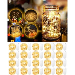 20 Pack Fairy Lights Battery Operated 3.3ft 20 LED Mini String Lights Waterproof Copper Wire for Wedding Party Mason Jars Christmas Decorations, Warm White