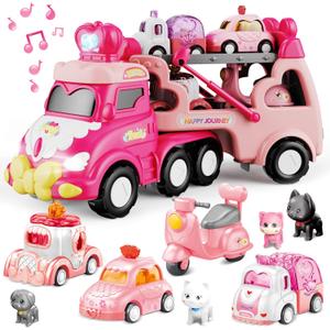 9 in 1 Carrier Truck Cars Toys - Pink Princess Girl Car with Light and Sound - Toddler Toys Age 1-4
