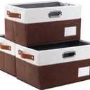 PRANDOM Foldable Storage Bins with Handles [3-Pack] Fabric Collapsible Storage Boxes Baskets Cubes Containers with Handles for Closet Living Room Bedroom (Brown & White 14.9x9.8x8.3'')