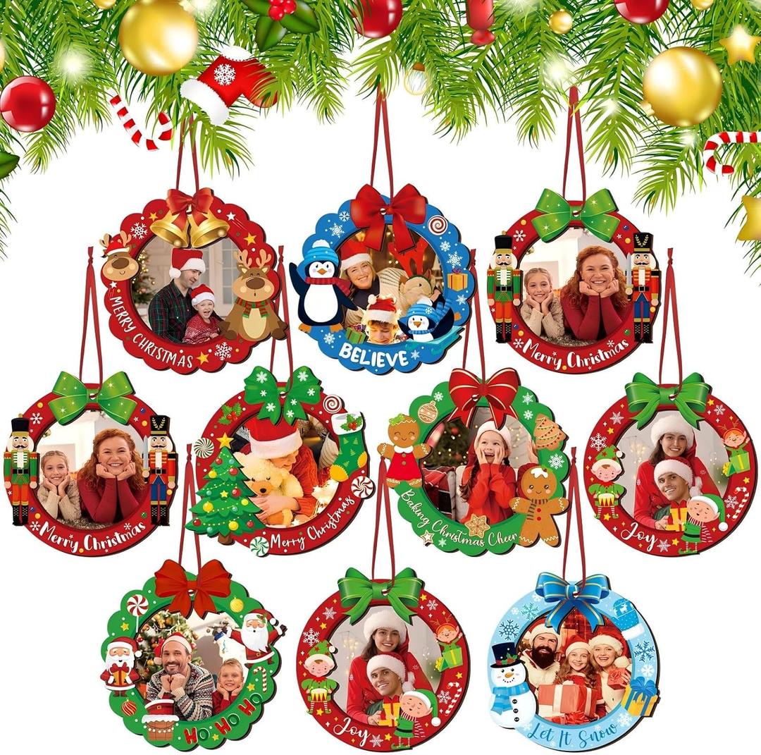 16 Pcs Christmas Photo Frame Ornaments Wooden Nutcrackers Santa Snowman Snowflake Picture Frame Tree Decoration DIY Photo Keepsakes for Xmas Party Decorations Winter Holiday Gift (Cute)