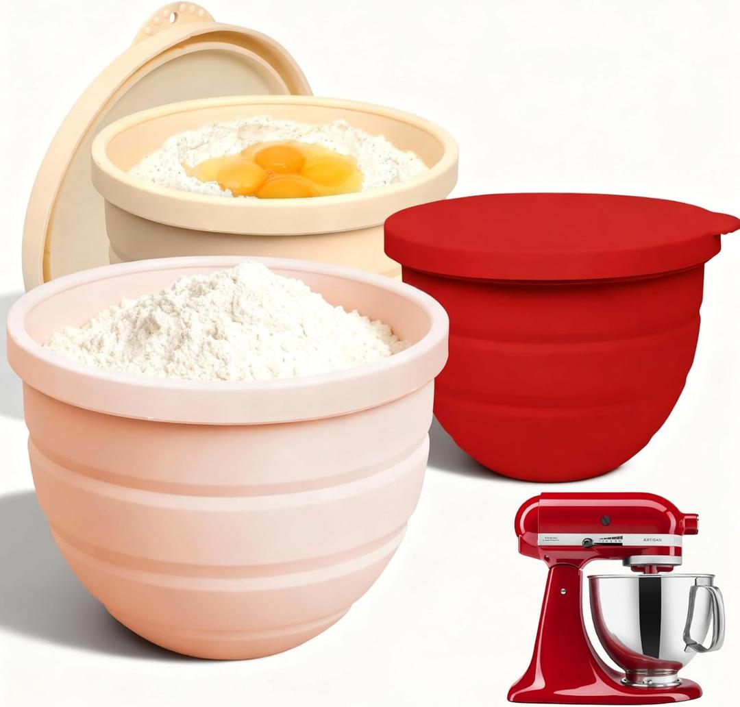 Silicone Bowl Insert for Kitchen Aid 5 Qt Tilt-Head - Patented Design Bowl Liner, 3pack with Lids, Resistant to collapse Thicker Bowl Insert, Foldable, Heat/Cold Resistant (Red*Beige*Pink)
