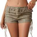 MakeMeChic Women's PU Leather Lace Up Ruched Tie Side Micro Shorts Low Waist Belted Festival Rave Mini Short (Medium, Army Green)