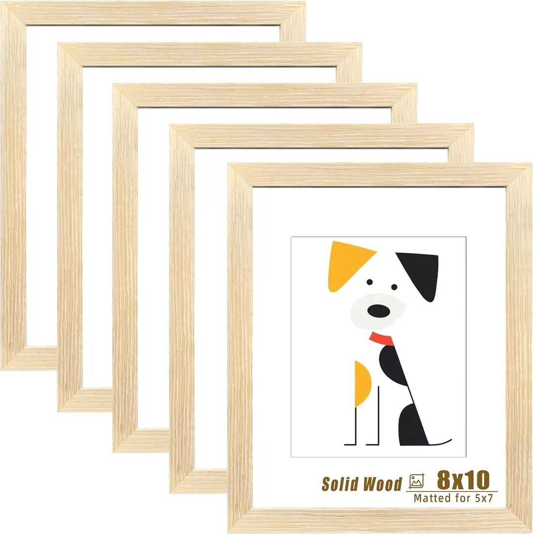 LUCKYLIFE 8x10 Picture Frame Solid Natural Wood, Display 5x7 photo with Mat or 8x10 without Mat for Wall Hanging and Tabletop, Set of 5