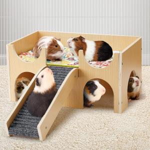 Upgraded Guinea Pig Castle, Sturdy Wooden Guinea Pig Hideout, Small Animal House Bed Hut Habitats with Stairs, Easy to Assemble for Hamsters Bunny Chinchillas Playing Hiding (Large)
