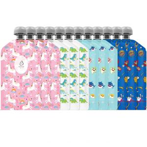 BUZIO Reusable Food Pouches, 12 Packs 5oz Toddlers Food Storage Pouch, Double Zipper Squeeze Pouches Freezer Safe for Kids DIY Homemade Organic Puree (Animals)