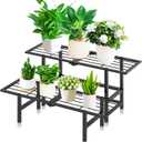 2 Tier Stackable Plant Stand Indoor Outdoor, Freestanding Tiered Folding Heavy Duty Metal Ladder Plant Shelf, Multiple Plant Pot Holder Display Rack for Living Room Garden Balcony Patio, Black