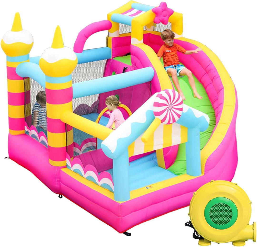 Pink Bounce House with Slide,Indoor Bouncy House for Kids 3-8,Inflatable Obstacle Course with Blower,Jumping Castle with Air Ball Pit