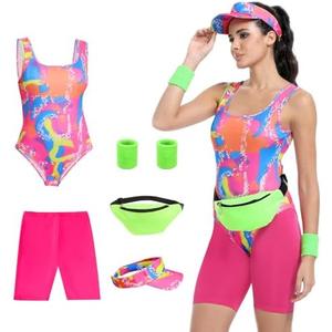 80s Women’s Workout Costume,Adult 80s Outfit, Swimwear Suit for Halloween Cosplay, Couples Costume Set S