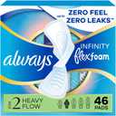 Always Infinity Feminine Pads for Women, Flexfoam Pads with Wings, Size 2, Heavy Absorbency, Unscented, 46 Count