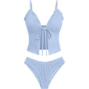 seamoly Women's Tankini Sets Tie Front Ruffle Bikini Set High Cut Thong Two Piece Swimsuit Floral Gingham Bathing Suit (Large, Blue)