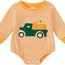 Noubeau Newborn Baby Boy Thanksgiving Bubble Romper Christmas Stripe Truck Bodysuit Pullover Playsuit Holiday Clothes (Orange)
