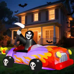 Joiedomi 8ft Long Halloween Inflatable Grim Reaper Driving Car, Halloween Inflatable Outdoor Decoration with Build-in LEDs, Blow Up Yard Decorations for Garden Party Holiday Lawn Decor