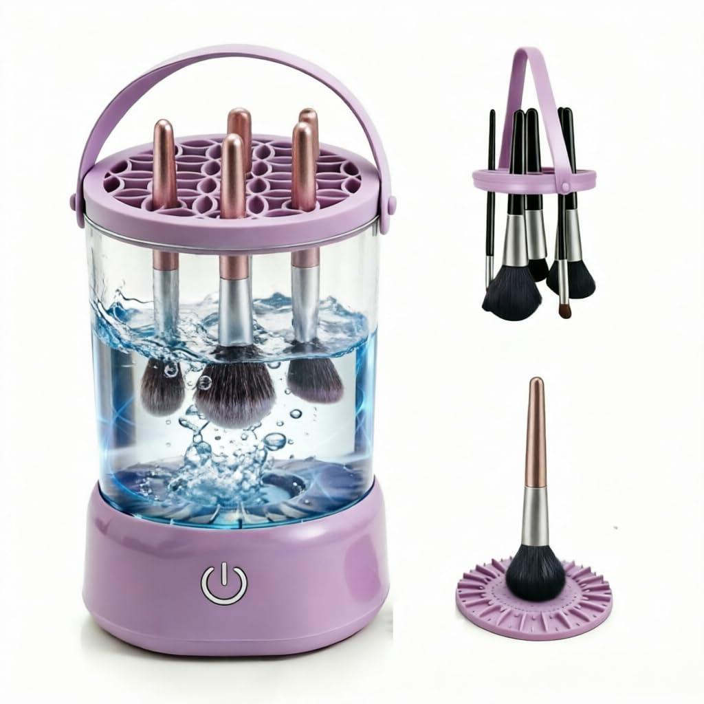 Makeup Brush Cleaner - 9000 RPM Electric Makeup Brush Cleaning Machine, IP65 Portable Make up Brush Cleaner for Makeup Sponges and Brushes (Purple) (Purple)