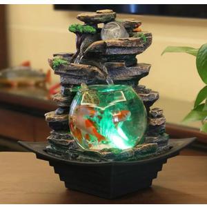 Tabletop Water Fountain with Fish Tank and LED Lights – Nature-Inspired Rock Waterfall for Indoor Home or Office Decor (F-567240810911-A)(F-567240810911-