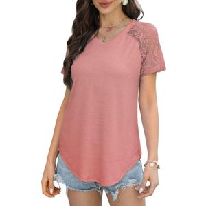 Beimuc Womens Summer Tops 2024 Trendy Lace Short Sleeve T-Shirts V-Neck Loose Casual, L
