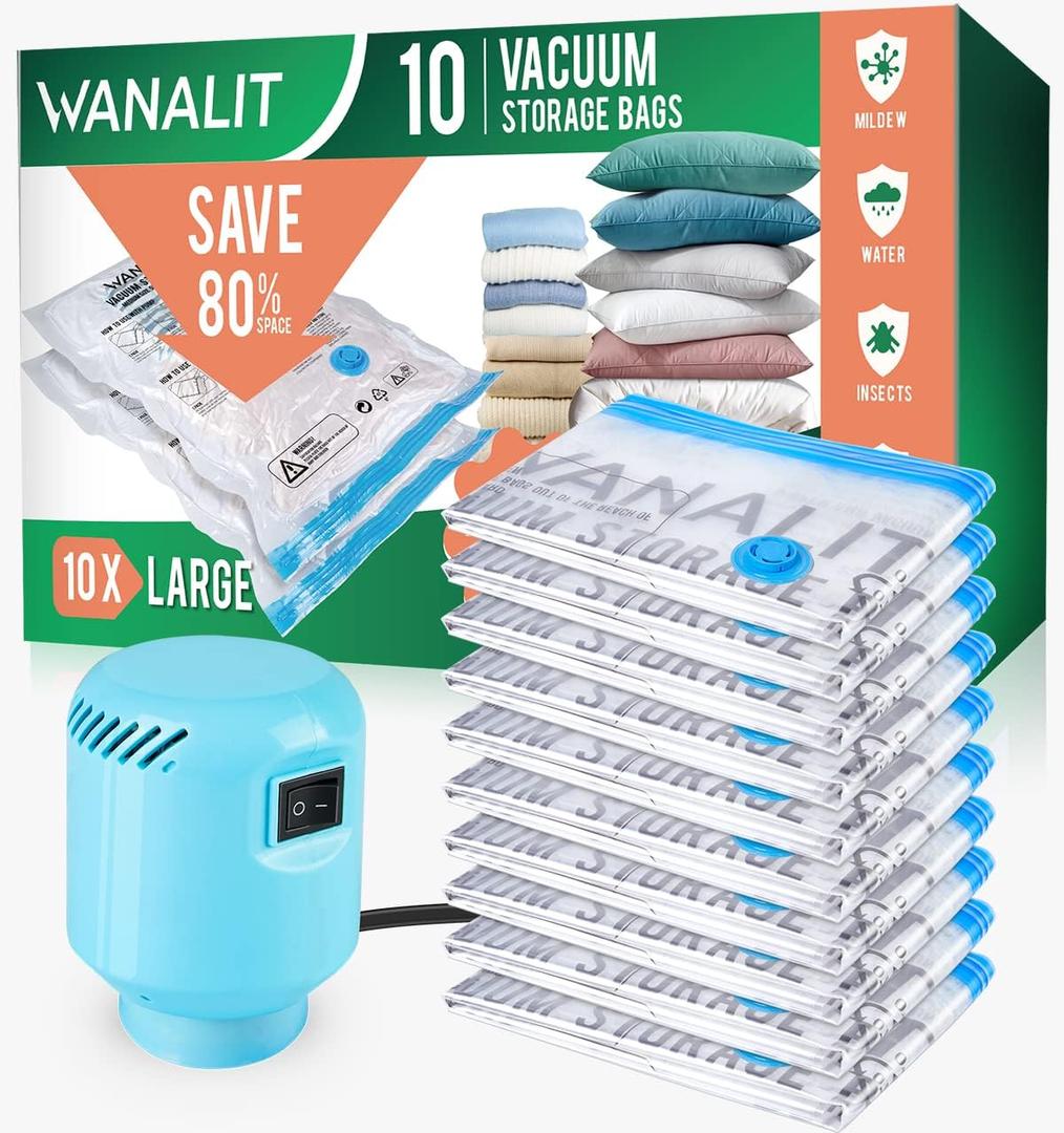 WANALIT Vacuum Storage Bags with Electric Pump, 10 Pack Large Size32"x 22" Reusable Compression Space Saving Bag for Clothes, Bedding, Mattress, Blankets, Pillows, Comforters, Travel, White