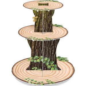 Zopeal Woodland Cupcake Stand Wooden Cupcake Stand Decoration Western Cake Holder Green Leaf Camping Cake Holder for Woodland Theme Wedding Baby Shower Forest Safari Birthday Party Supplies Decoration