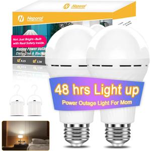 Neporal LITE Emergency Rechargeable Light Bulbs A19, Light Up to 48 hrs, Battery Operated Light Bulb, 5000K E26 LED Bulb, Emergency Lights for Home Power Failure (Daylight-2PK, 12, Watts)
