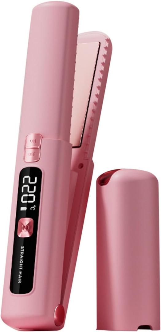 2026 Cordless Hair Straightener and Curler 2 in 1 Mini Lightweight and Small USB Rechargeable with 4500mAh Battery 10s Fast Heating Portable Ceramic Flat for Travel (Pink)