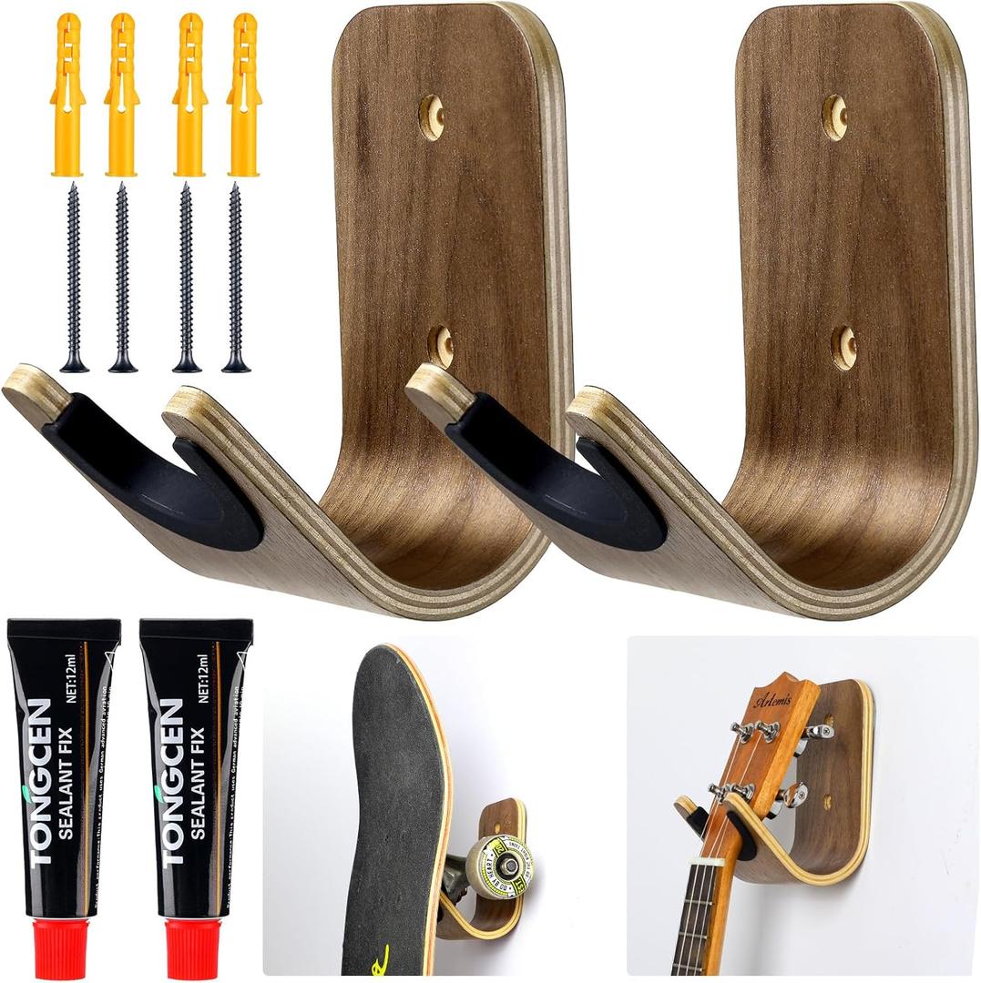 Guitar Wall Mount Holder Guitar Hanger with Pick Slot Skateboard Rack Modern Design Guitar Hook Ukulele Stand Wooden Violin Display Stand with Tool for Storage Bass Acoustic Mandolin Banjo (2 Sets)
