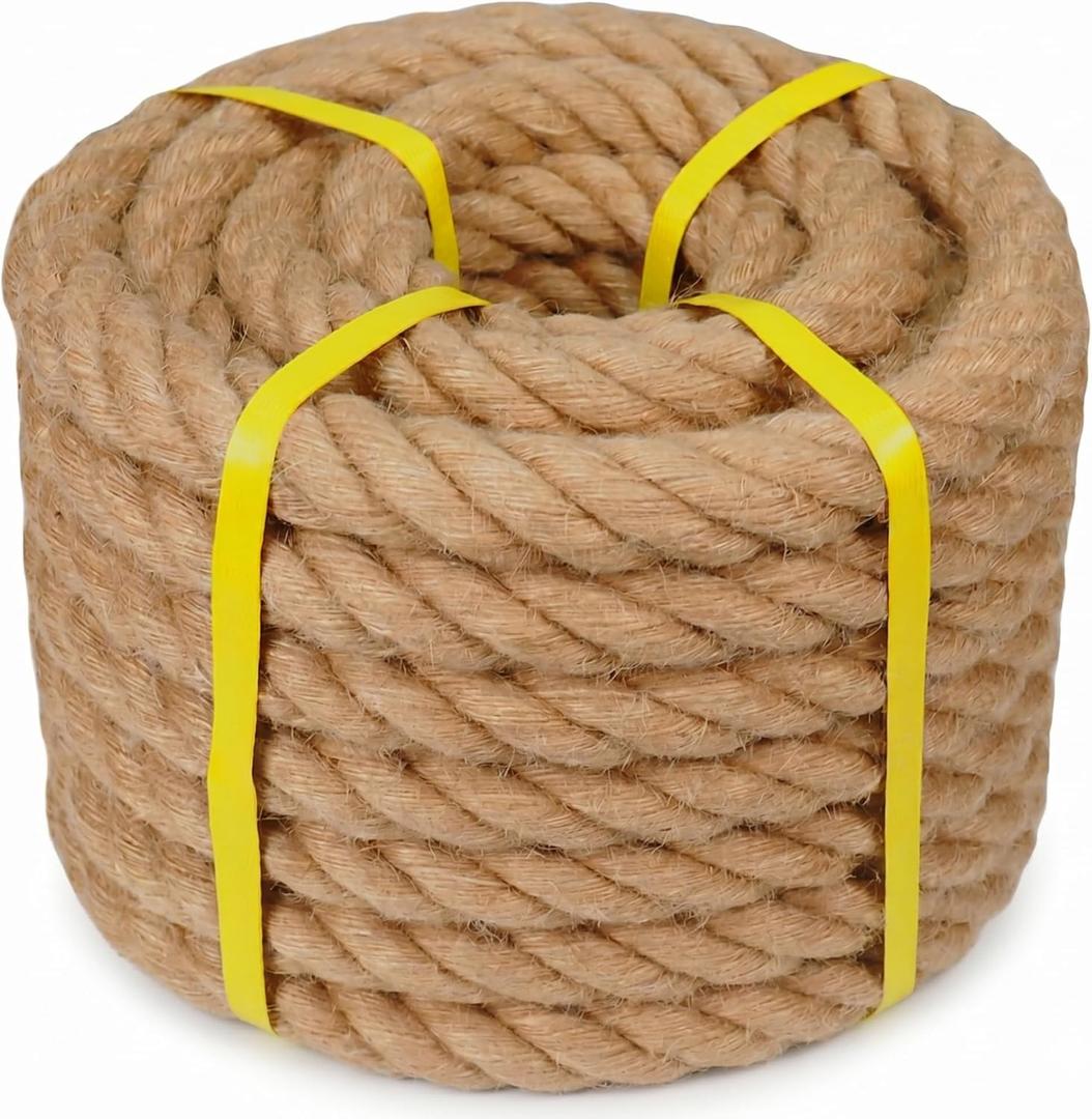 Natural Hemp Rope - 1 Inch × 50 Feet - Heavy Duty Jute Twisted Manila Thick Rope for Crafts, Hammock, Nautical, Decorating