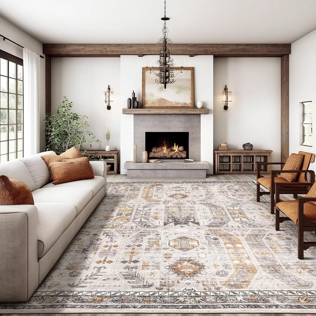 10x14 Area Rugs,Ultra-Thin Washable Rugs for Living Room,Non-Slip Lightweight Foldable Area Rug,Stain Resistant Vintage Large Rugs (Brown/Gold, 10'x14')