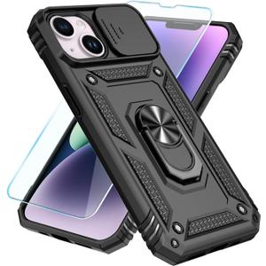 SunStory Compatible with iPhone 13 Case/iPhone 14 Case with HD Screen Protector & Slide Camera Cover & Rotated Ring Kickstand,[Military-Grade] Phone Case for iPhone 13/14(Black)
