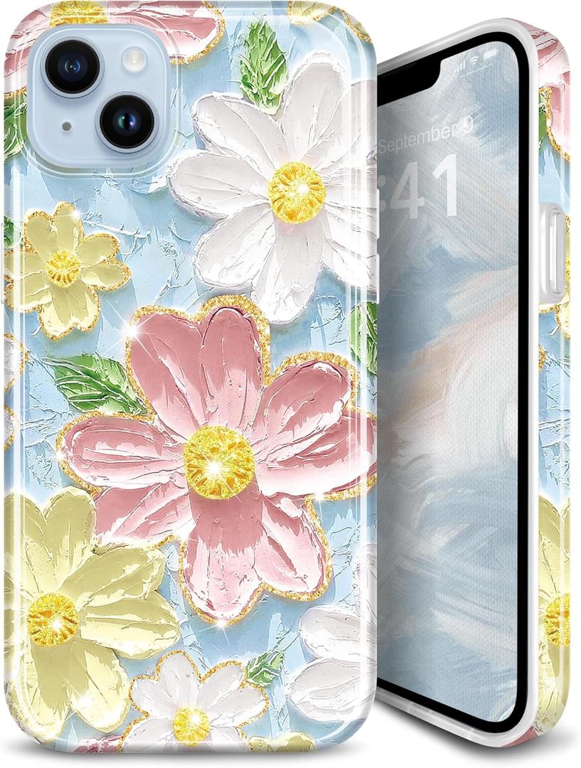 Compatible with iPhone 15 Case Sparkle Glitter Retro Oil Painting Printed Flower Design Slim Shockproof Protective TPU Soft Silicone Cover Phone Case Blue Pink