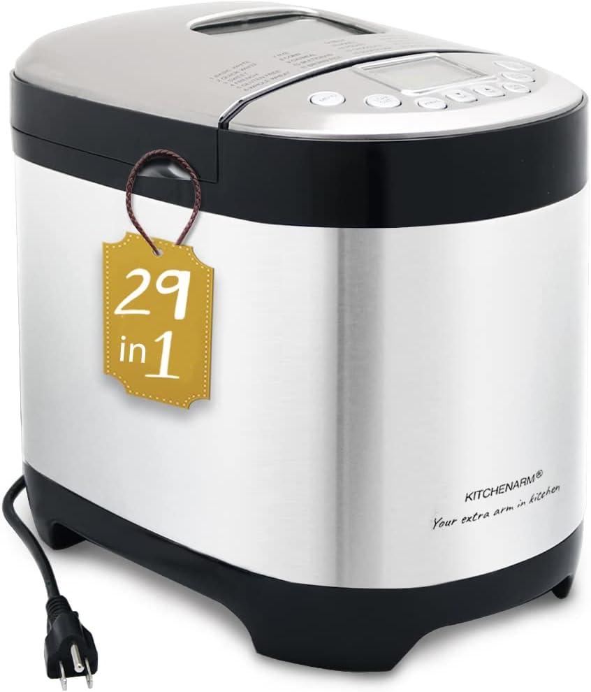 KITCHENARM 29-in-1 SMART Bread Machine with Gluten Free Setting 2LB 1.5LB 1LB Bread Maker Machine with Homemade Cycle - Stainless Steel Breadmaker with Recipes Whole Wheat Bread Making Machine (29 Programs - 3 Loaf Sizes - 3 Crust Colors)
