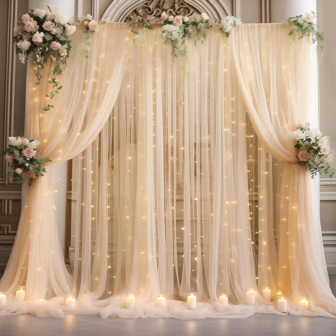20x8ft Champagne Tulle Backdrop Curtain with Lights String for Parites, Sheer Photo Backdrop Curtains with Lights for Wedding Backdrop Ceremony Reception Bridal Shower Baby Shower Birthday Party (4 Panels(5*8FT))