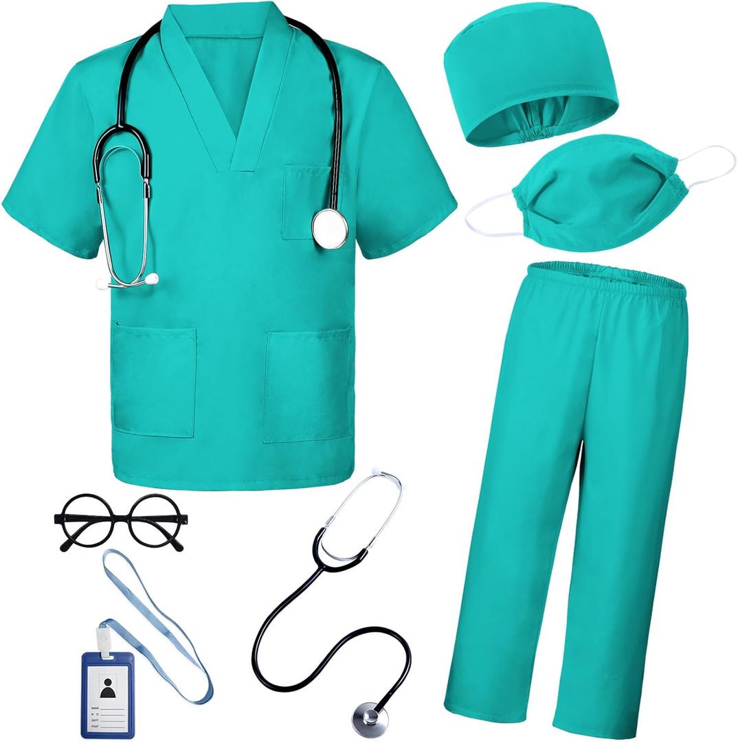BOMLY Doctor Costume for Kids 7Pcs Toddler Nurse Scrubs Set With Halloween Dress Up Costumes for Boys and Girls Ages 3-11