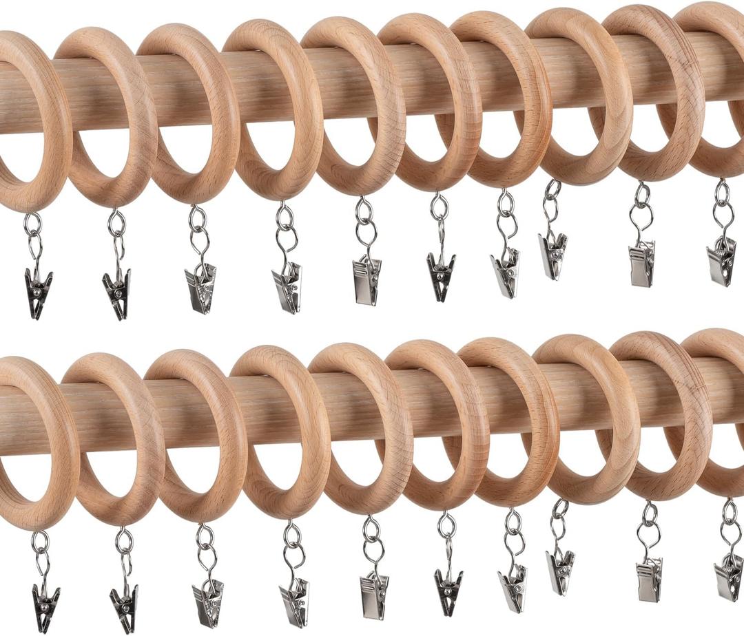 24 Pack Wooden Curtain Rod Rings,Fit 1.1-1.6 Inch Rods,1.77 Inch Inner Diameter 2.76 Inch Outer Diameter, Natural Beech Wood Drapery Rings for Window Curtain