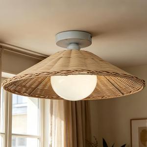 17.7" Rattan Boho Ceiling Light Fixture, Hand Woven Wicker Flush Mount for Dining Room, Rustic Ceiling Lighting for Living Room, Bedroom