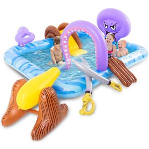 Inflatable Play Center, Inflatable Octopus Spray Pool with Base Pool, Slide, Wooden Block, Octopus Blow up Water Slides for Kids Adults Outdoor Backyard