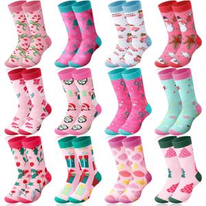 Ramede 12 Pairs Pink Christmas Socks for Women Bulk with Snowman Santa Xmas Crew Socks Holiday Gift for Stocking Stuffer Party Favors