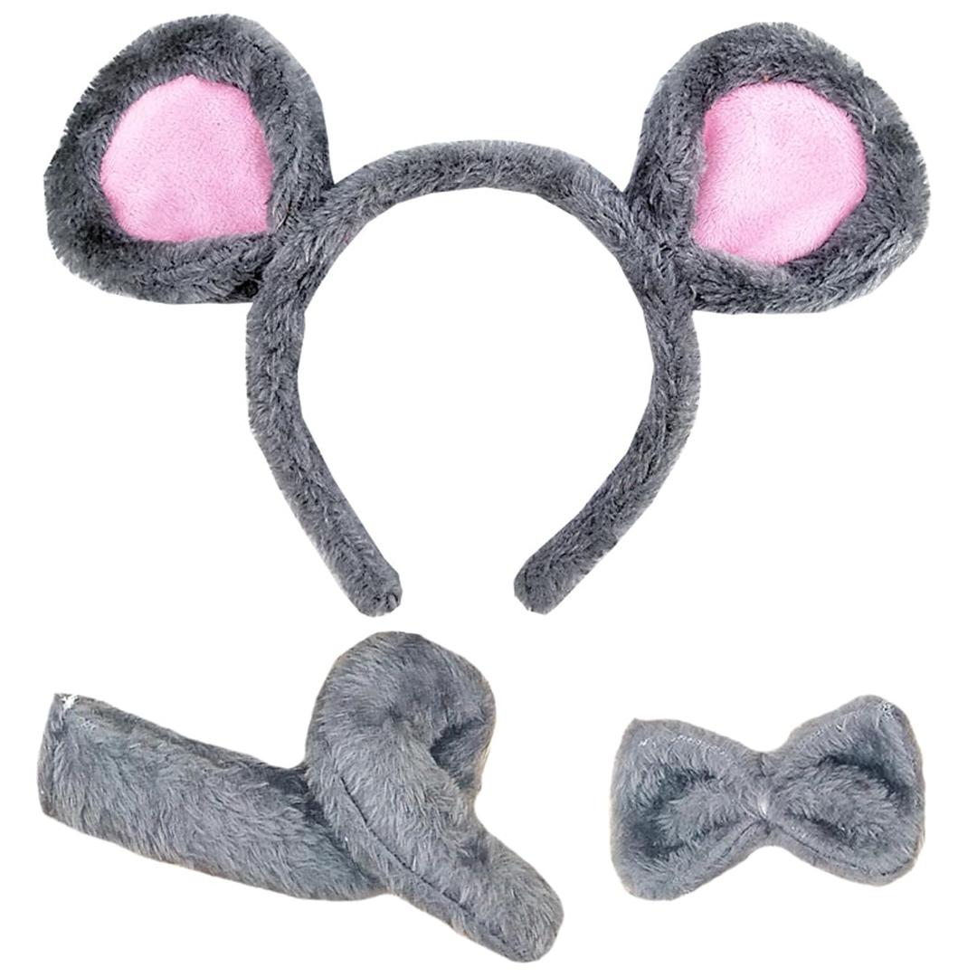 DALJIAFA Halloween Mouse Ears Headband Bow Tie Tail Mouse Hair Hoops Bands Bowtie Women Animal Headpiece Hairband Christmas Cosplay Dress Up Masquerade Festival Parade Birthday Party Accessories Gray