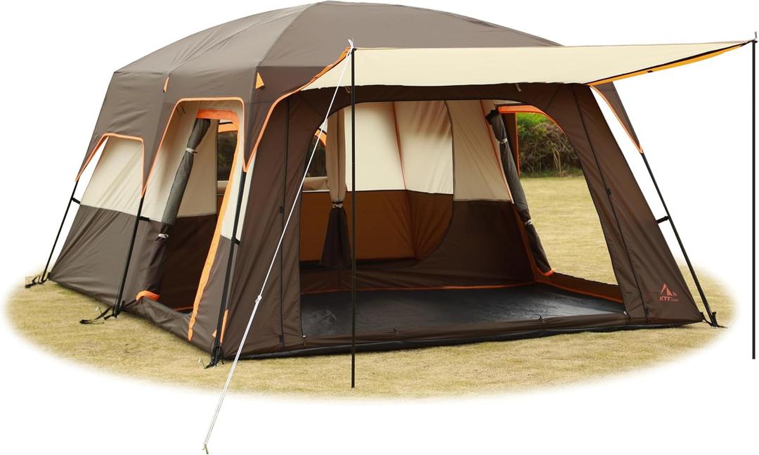 KTT Extra Large Tent 12 Person(A),Family Cabin Tents,2 Rooms,3 Doors and 3 Windows with Mesh,Straight Wall,Waterproof,Double Layer,Big Tent for Outdoor,Picnic,Camping,Family Gathering(Brown)