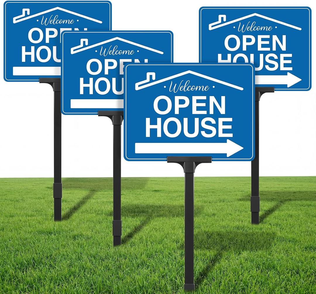4 Pack Open House Signs for Real Estate Double-Sided Aluminum Yard Signs 15.7" x11.8" with Adjustable 32" Plastic Stakes UV Ink Outdoor Metal Yard Directional Arrows Agent Supplies(Blue)
