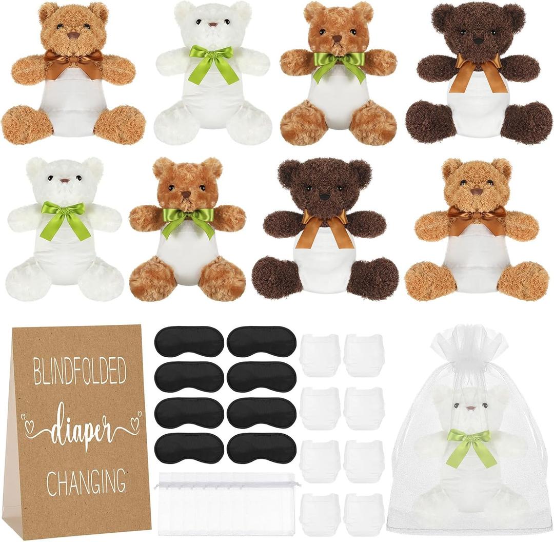 Chicingyou 8 Set Bear Blindfolded Diaper Changing Baby Shower Games with Blindfold Changing 12 Inch Bear Dolls Diapers Gift Bags for Baby Shower Gender Reveal Raffle Party Game
