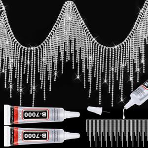 Rhinestone Fringe with B7000 Glue Multipurpose Adhesive, Sparkle Rhinestone Trim Rhinestone Fringe Belt Rhinestone Fringe Trim, Sliver Diamond Fringe Rhinestone Tassel Chain for Jeans (0.5 Yard)