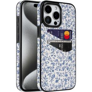 for iPhone 15 Pro Max 6.7 inch Case with Card Holder Soft Leather Wallet Case Protective Shockproof Hard Cover for Women Girls (Blue Floral, iPhone 15 Pro Max 6.7 inch)