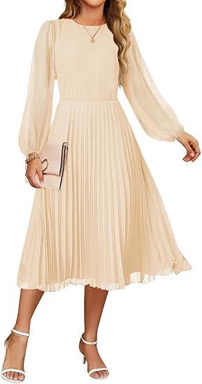 ZESICA Women's Fall Long Sleeve Dresses 2026 Casual Crewneck Chiffon Swing Pleated A Line Cocktail Party Midi Dress,M
