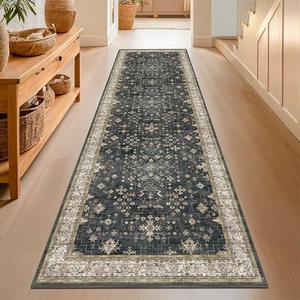 Black Washable 10ft Long Runners for Hallways, 2'6"x10' Wide Kitchen Runner Rug, Entryway Indoor Rug, Non Slip Rubber Backing Boho Vintage Floor Decor
