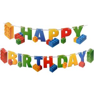 Building Block Birthday Party Supplies Banner by Aliza | Baby Boy Toddler Kids Birthday Decorations – Huge 7-feet Long Brick Themed Decor – The Perfect Decoration for Your Party