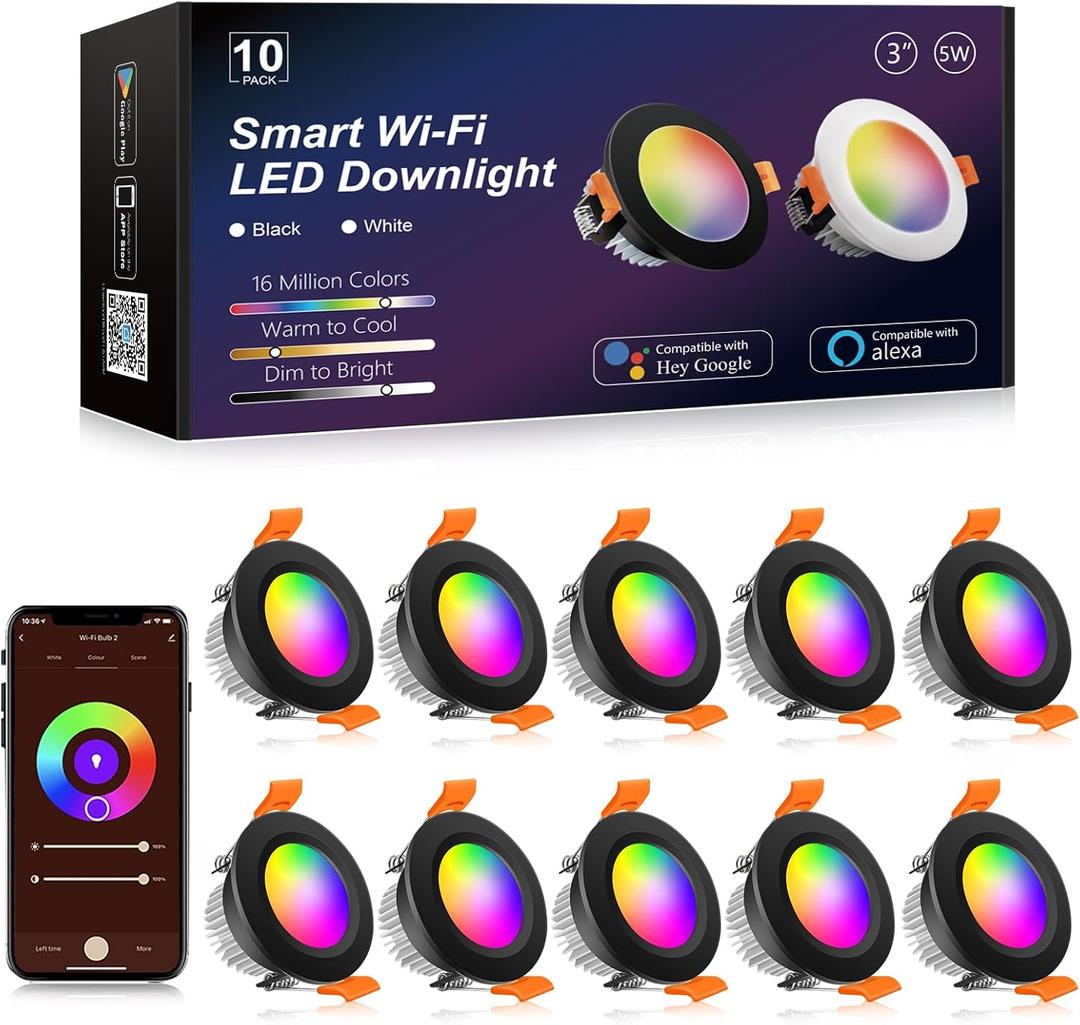 YGSTech Smart 3 Inch LED Recessed Lighting RGB WiFi Downlight, 5W Compatible with Alexa and Google Home, Dimmable RGB & CCT 27006500K Color Changing, 120V Ceiling Light with LED Driver (10 Pack)