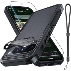 for Google Pixel 10 Pro XL Case with Wrist Lanyard Strap+Tempered Glass Screen Protector+Camera Lens Cover, Full Body Heavy Duty Rugged Shockproof Protective Phone Cover, Black Matte